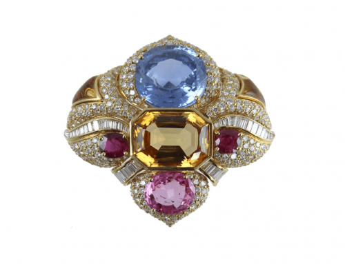 18K BVLGARI DIAMOND & COLORED STONE BROOCH