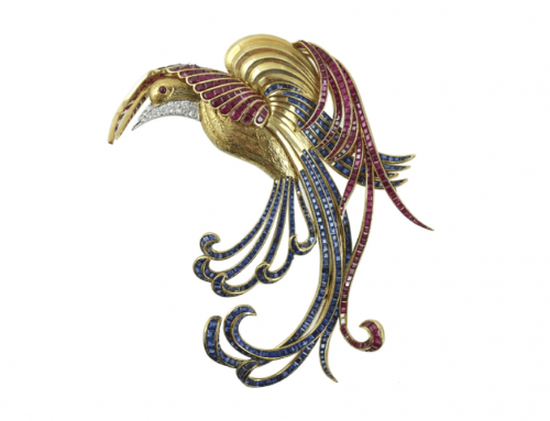 18K DIAMOND RUBY & SAPPHIRE BIRD BROOCH